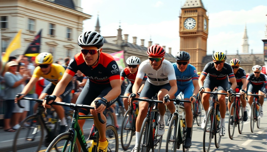 Cyclists racing past Big Ben in vibrant daylight.