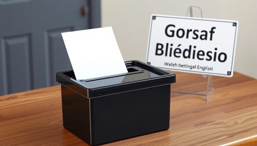Ballot box and bilingual polling station sign at Monmouthshire local elections.