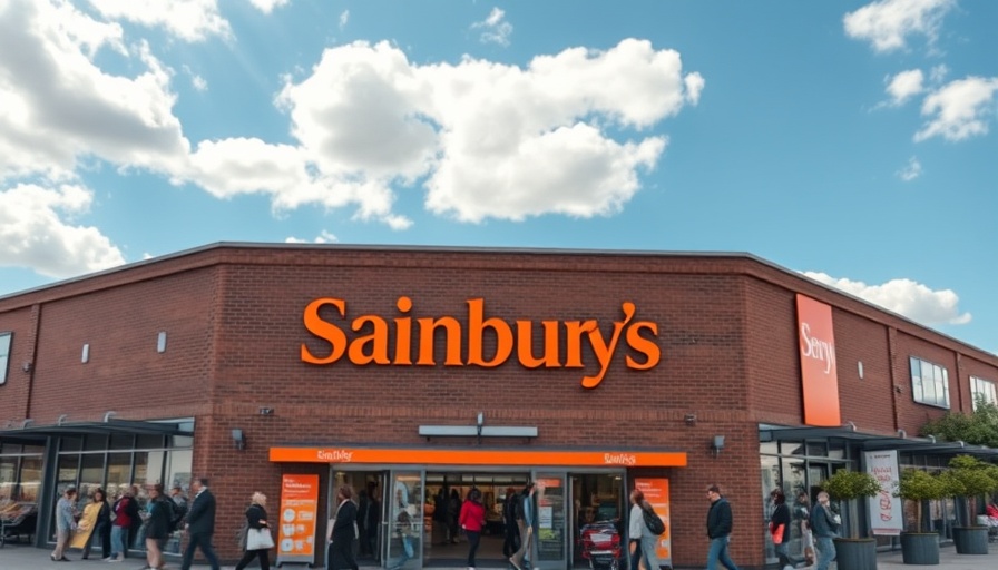 Sainsbury's storefront with customers, bright orange sign.
