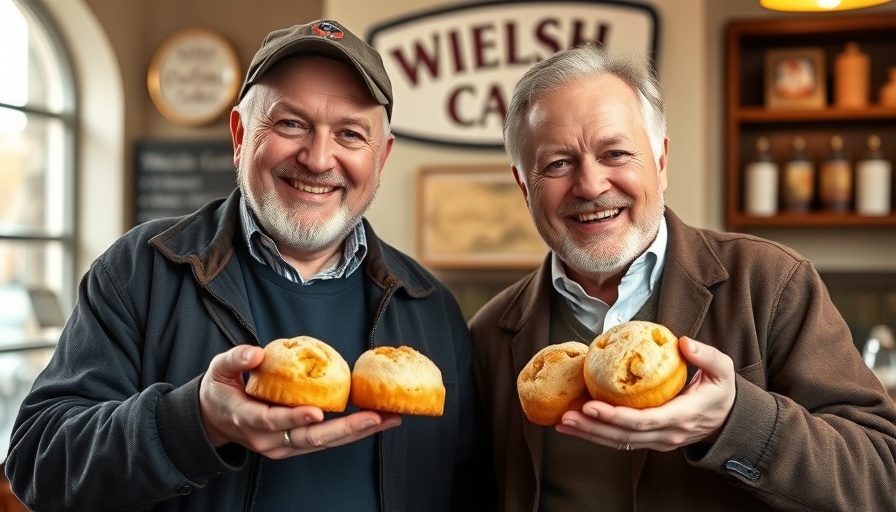 Casual shot of two men at Castell Coffi with Welsh cakes.
