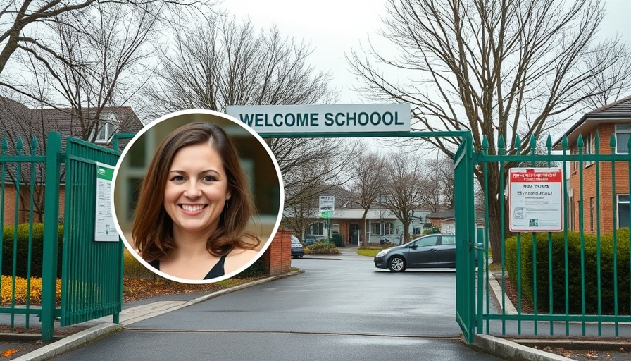 Monmouthshire school entrance with an inset portrait related to school closures.