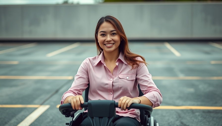 Woman in motorized wheelchair for Disability Pride Month Awareness.