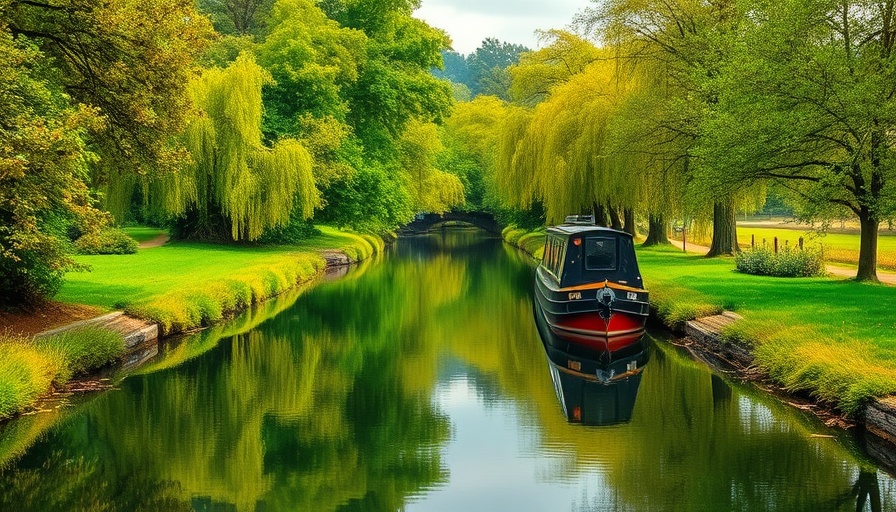 Monmouthshire and Brecon Canal with lush greenery and a narrowboat.
