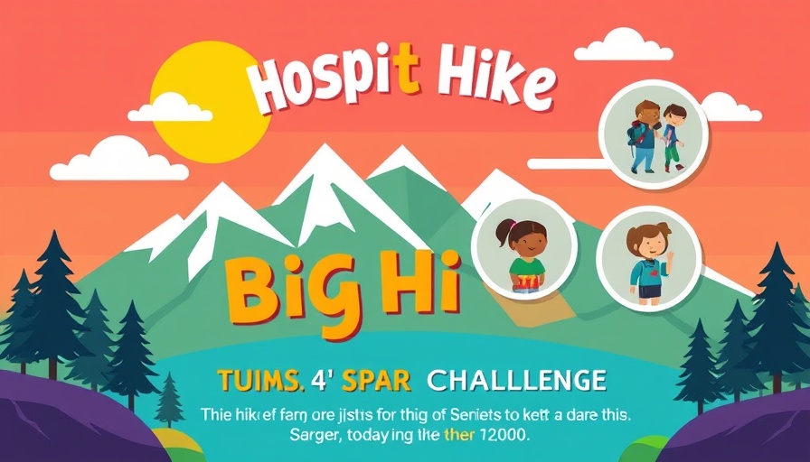 Hospice Big Hike Challenge event poster with mountains and hikers.