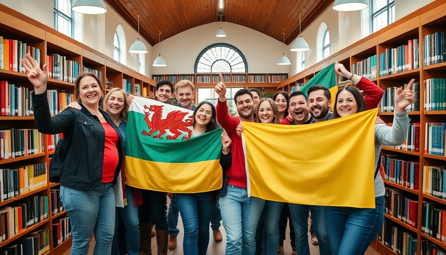 Monmouthshire Ukrainian Community Support group gathering, holding flags in library.