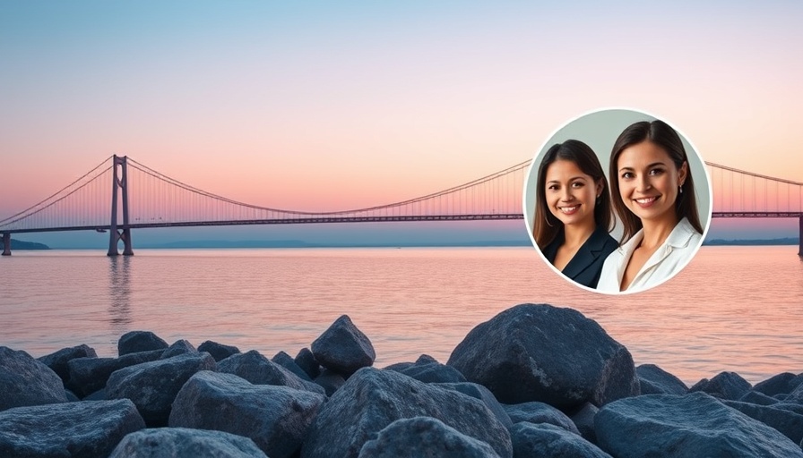 Severn tidal lagoon project scene at dusk with bridge and two women portraits