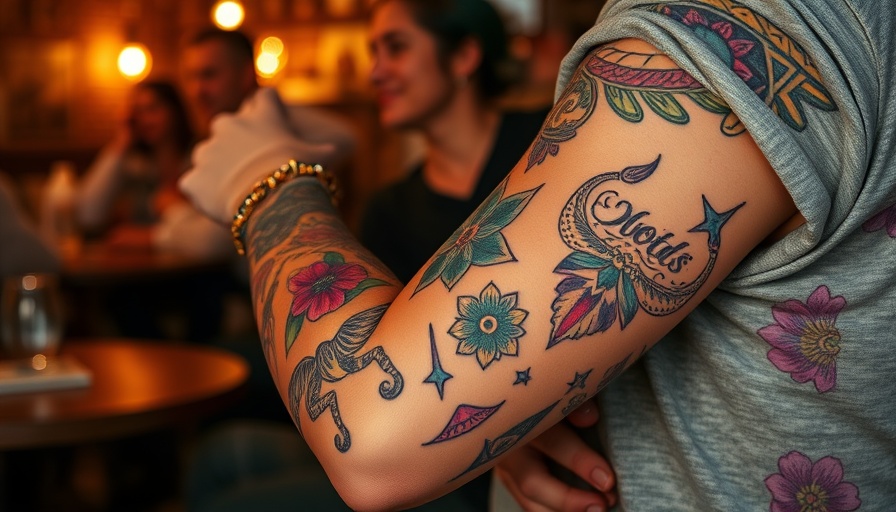 Colorful temporary tattoos on a person's arm, cozy indoor lighting.