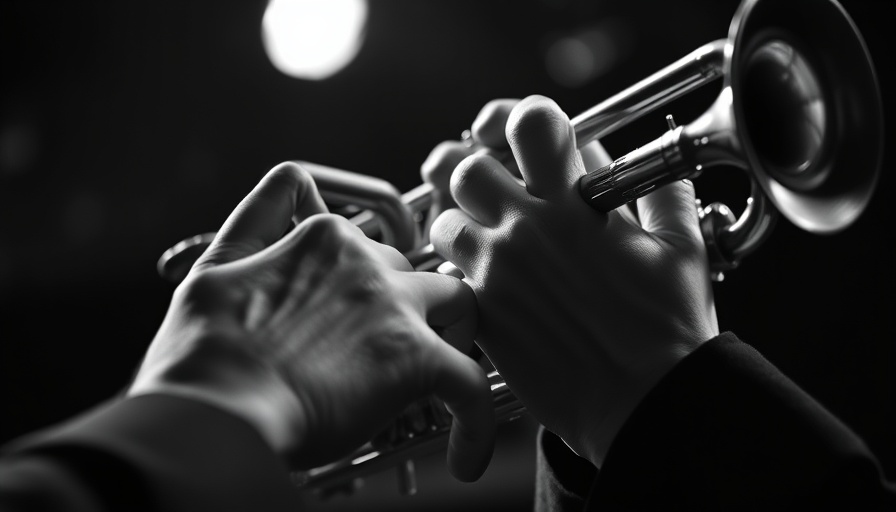 Evening of jazz trumpet performance, detailed hand close-up.
