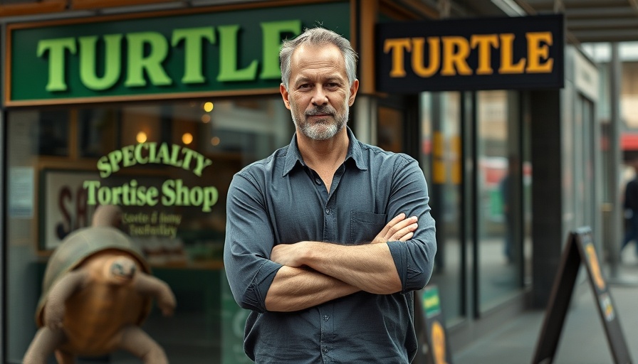 Mature male in front of a tortoise shop, urban setting.