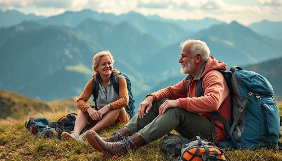 Relaxed older couple during hike with camping gear on grassy hill.