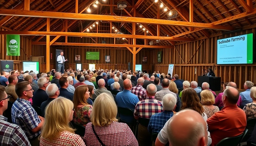 Attendees at Sustainable Farming Conference Wales in rustic barn setting.