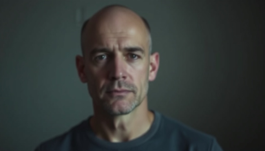 Blurry portrait of serious bald man under dim lighting.