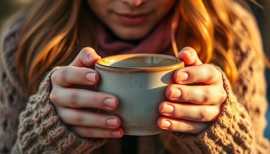 Hands holding a ceramic mug outdoors, reflecting warmth and serenity.