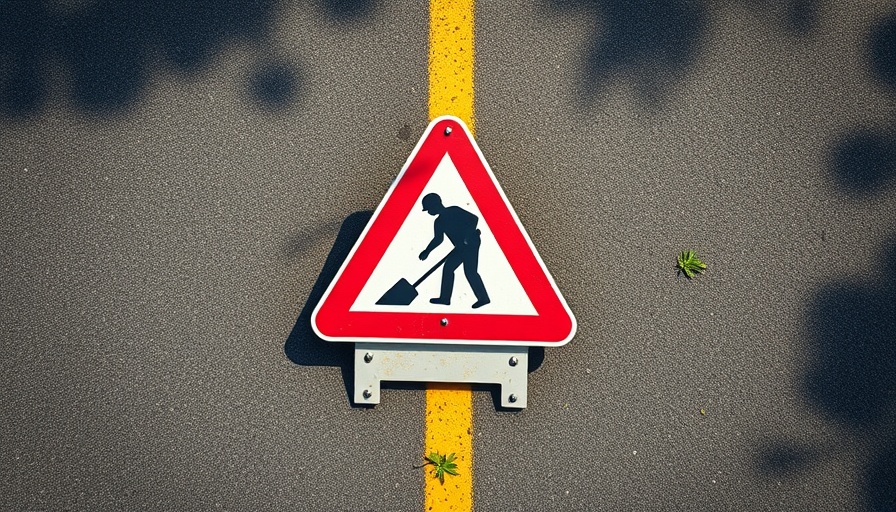 Construction warning sign for Usk road closures planning advice on pavement.