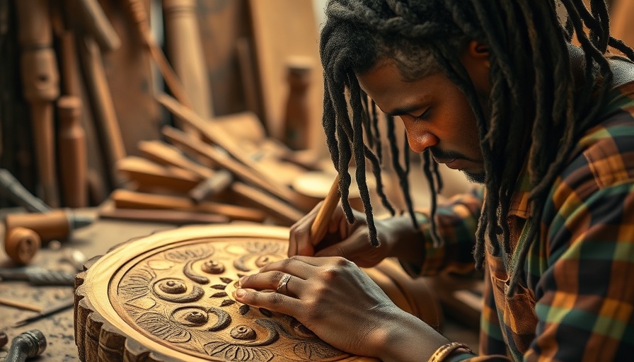 Focused artisan carving wood for Karioi Art Exhibition in a rustic workshop.