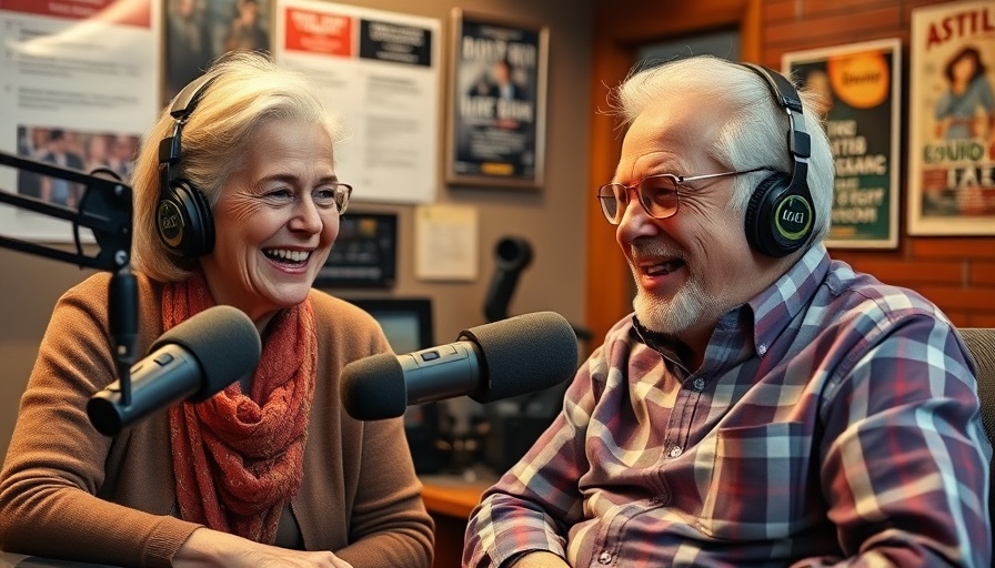 Cheerful older couple in radio studio discussing Māori wards referendum.