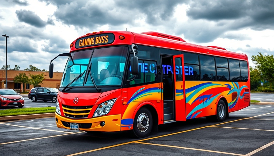 Colorful gaming bus reducing anti-social activity parking lot scene.