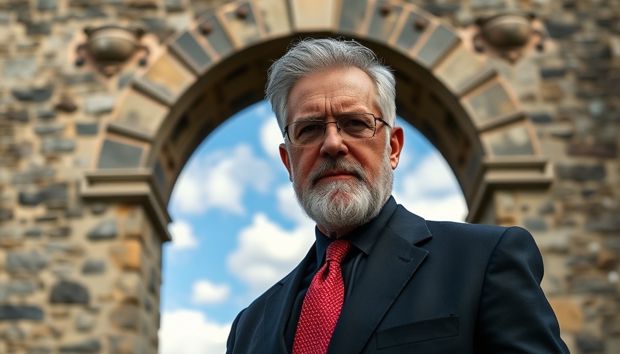 Man in suit at historic archway, Kevin Wilkins Welsh Liberal Democrats.