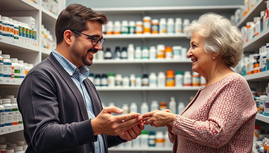 Pharmacist assisting elderly woman with medication in pharmacy