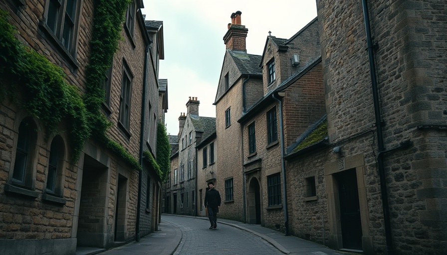 Abergavenny historical street scene colorized with stone buildings and lone figure.