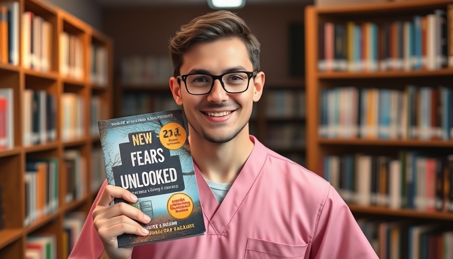 Abergavenny care home worker proudly holding a book in a library.