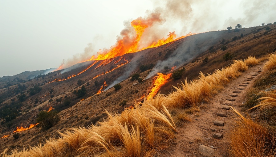 Intense hillside wildfire with smoke and flames along a path.