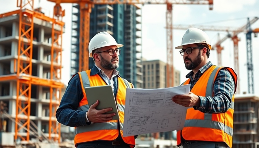 Construction workers discussing plans at building site, Monmouthshire County Council planning decisions.