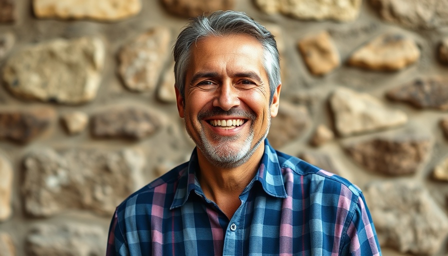Smiling man in blue plaid shirt against stone wall.