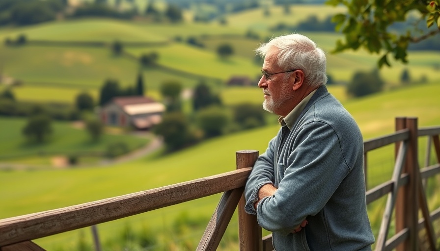 Man in rural Welsh landscape representing agricultural challenges.