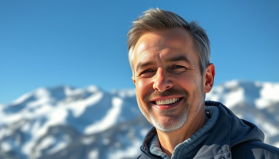 Middle-aged man smiling outdoors with snowy mountains, Raglan Community Board Candidate Interview.