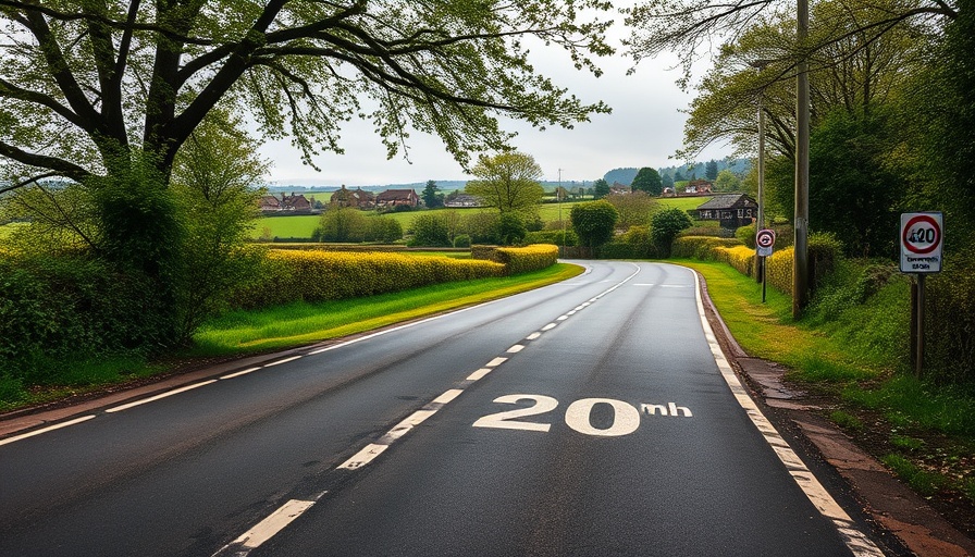 Rural road with 20mph limit signs in lush landscape