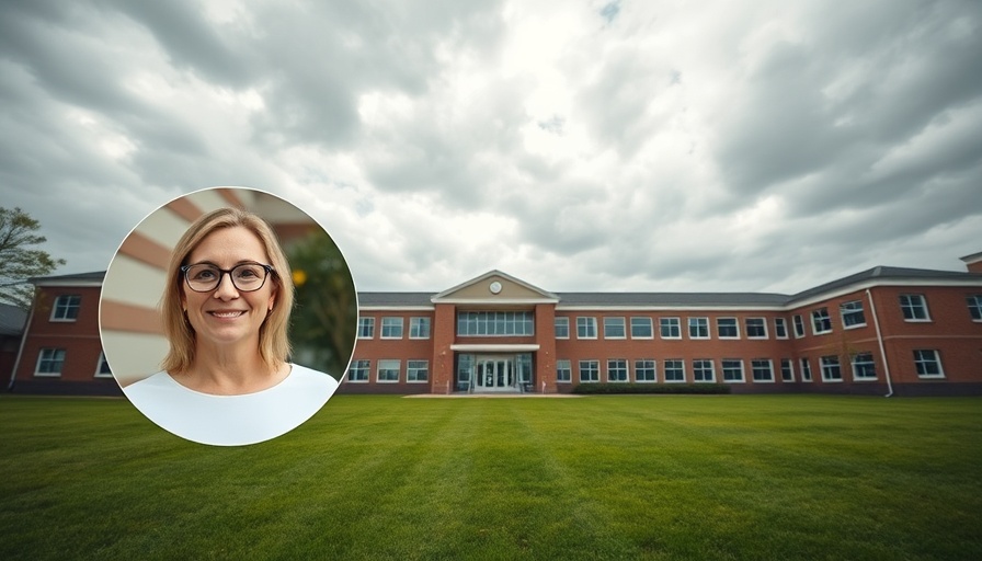 School building with green field and woman's portrait inset, highlighting sixth form closures Powys.