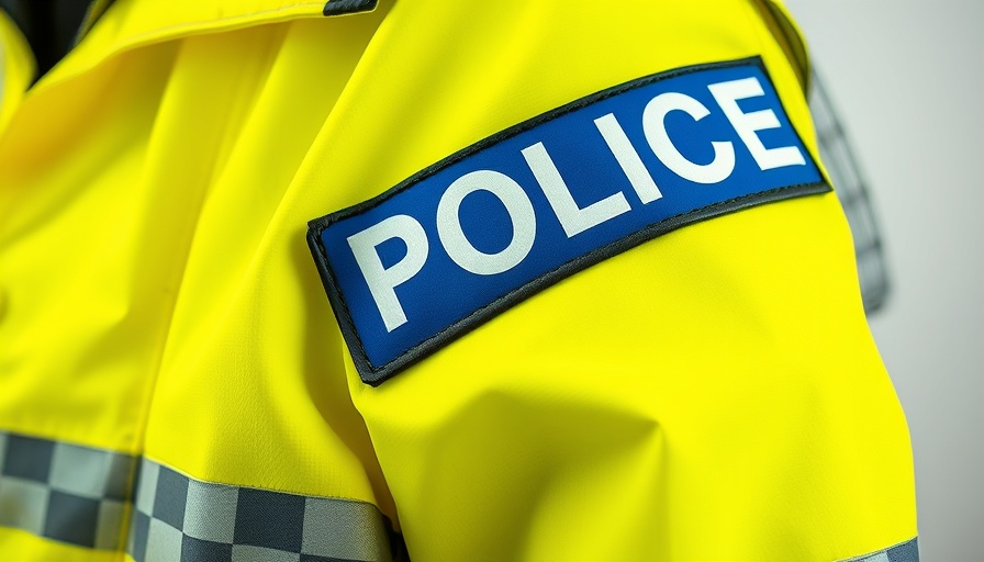 Close-up of police jacket with blue 'POLICE' label, Newport area.