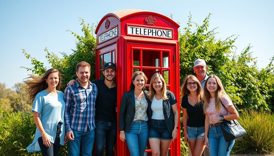 Group smiling by phone box defibrillator installation.