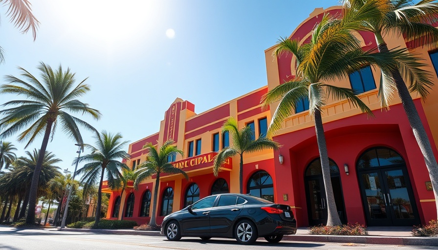 Municipal building with red and yellow facade, sunny Raglan setting