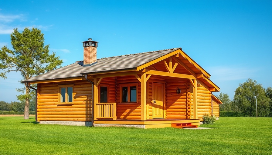 Charming wooden holiday let cabin, rural setting under blue sky.