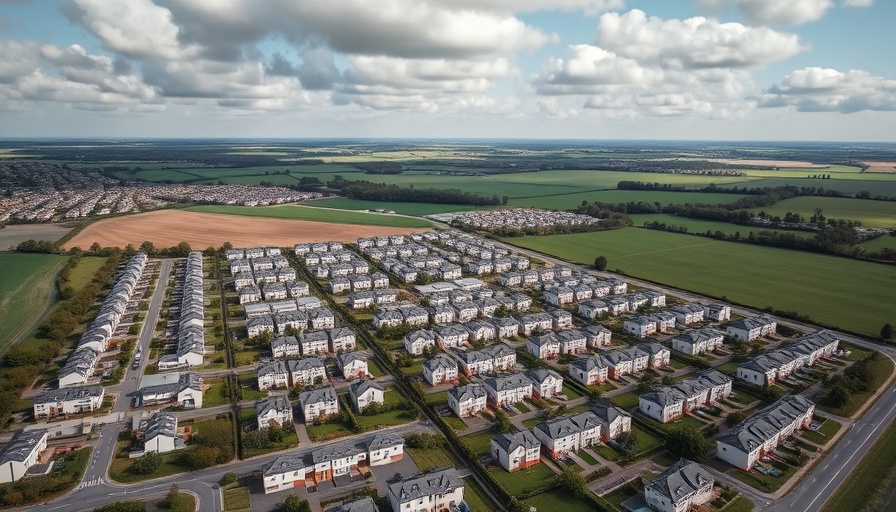 Aerial view of Drewen Farm housing development in rural landscape.