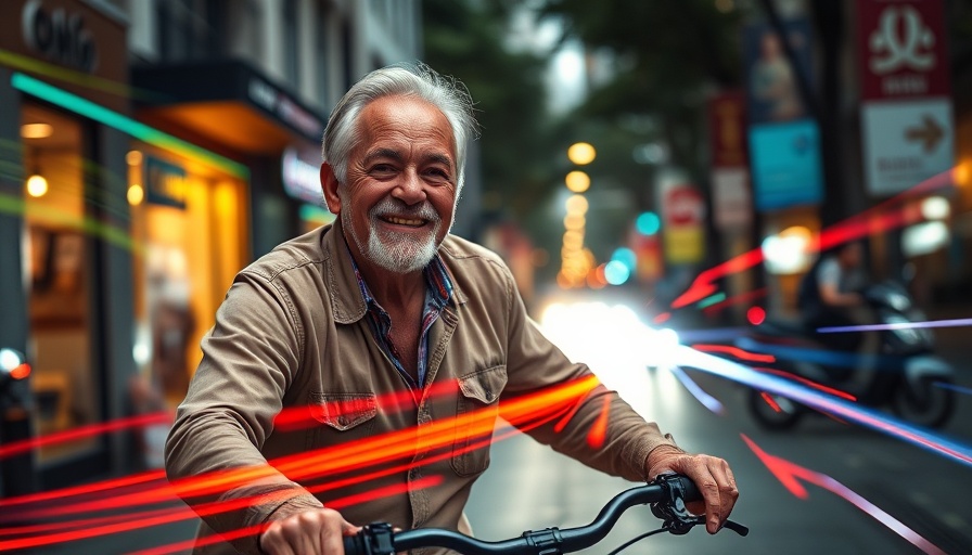 Older man cycling in Raglan with light trails, vibrant scene.