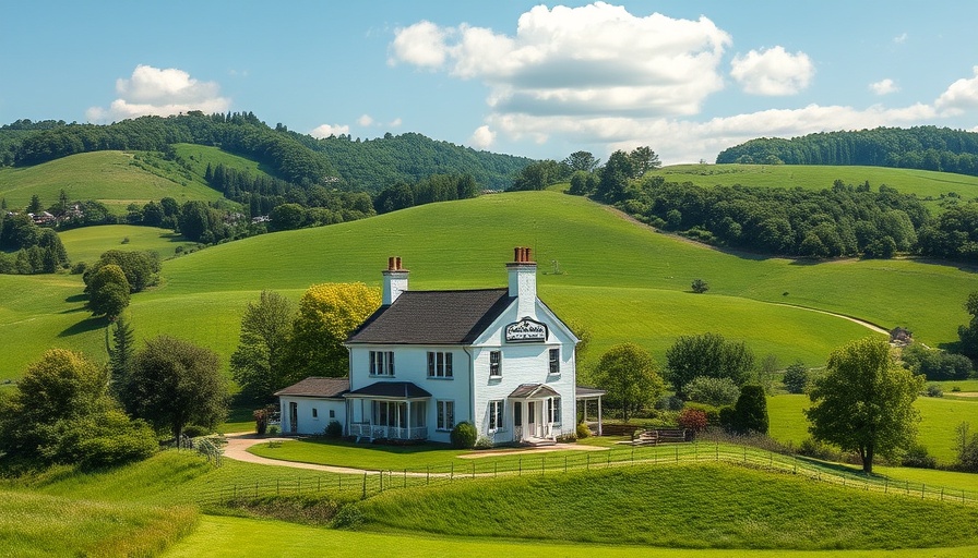 Llwyn Celyn historic house amidst lush hills and clear sky.