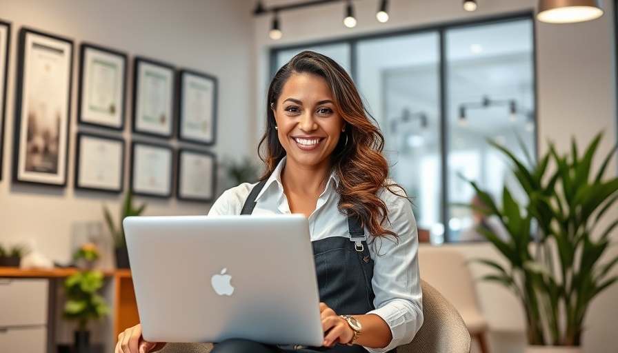 Pontypool salon owner at desk, smiling in modern office.