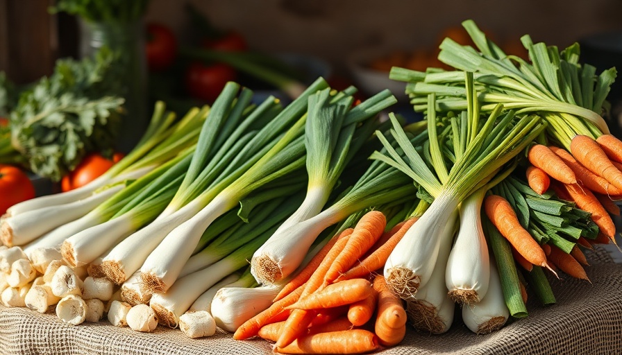 Fresh vegetables like leeks and carrots on burlap, school catering training.