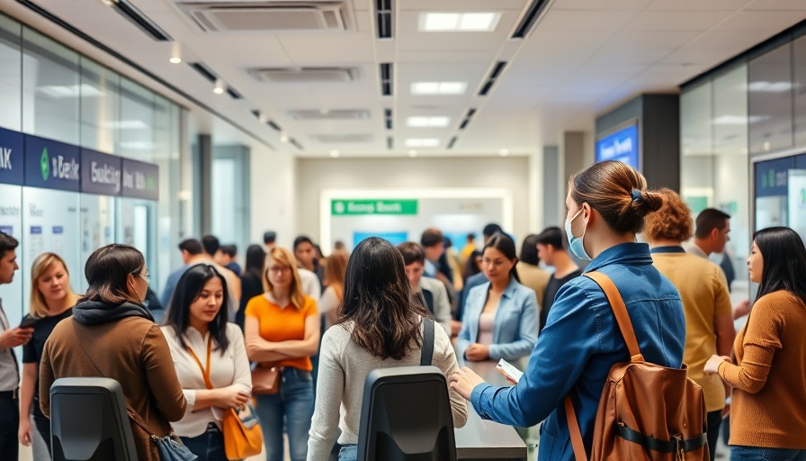 Monmouth banking hub interior with diverse clients and staff.