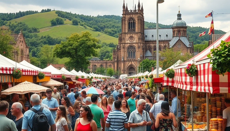 Abergavenny Food Festival with crowds and historic church.