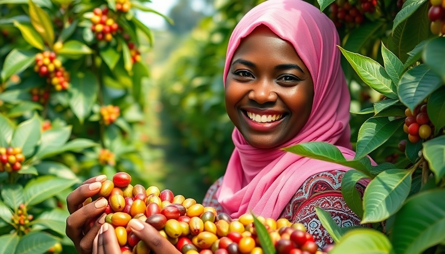 Cheerful woman harvesting coffee beans during Fairtrade Fortnight events.