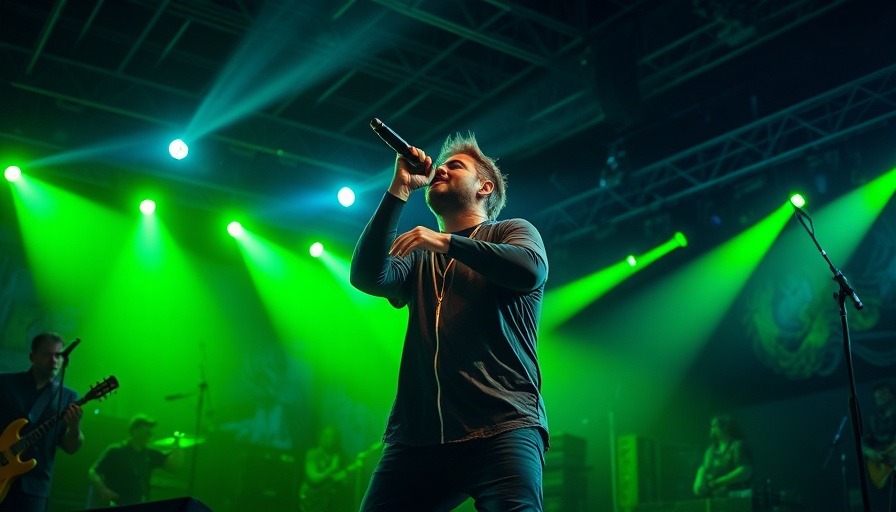 Energetic concert scene with singer performing under green lights.