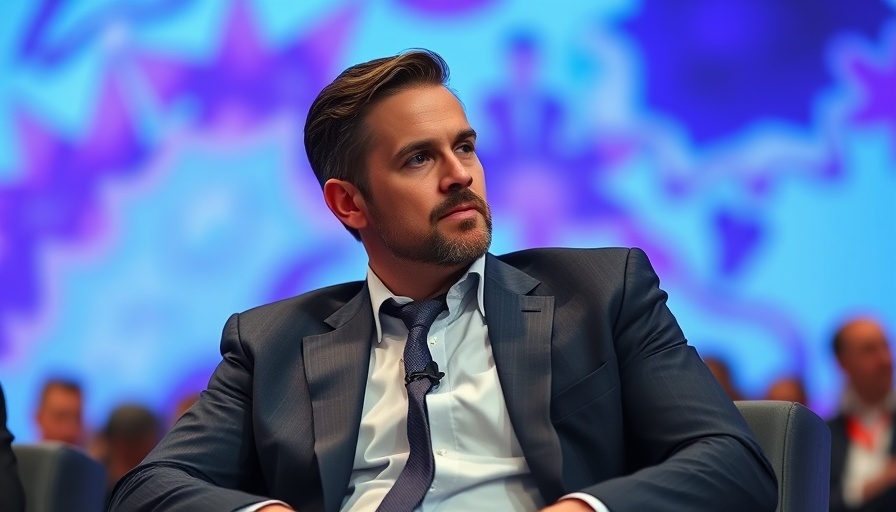 Man seated at conference, abstract blue background.