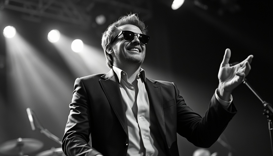 Smiling man in suit on stage, Vybz Kartel Global Dominance.