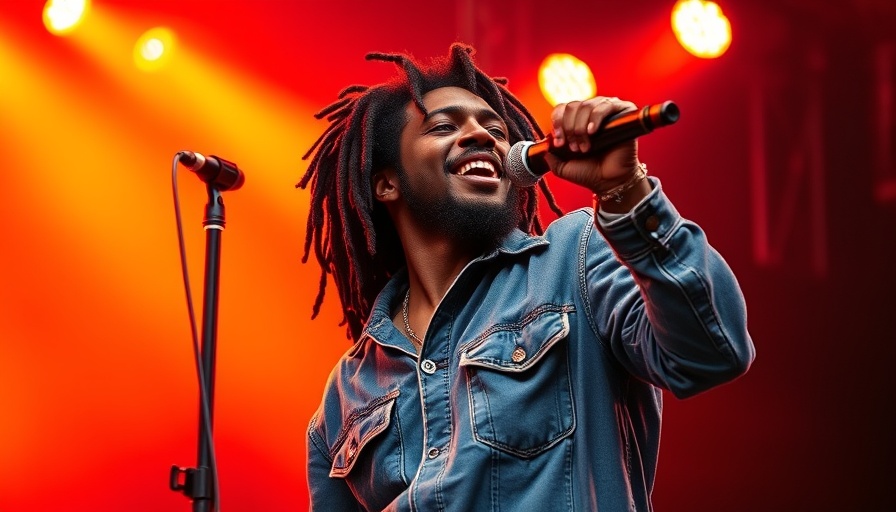 Reggae singer in denim performs passionately on stage with fiery backdrop.