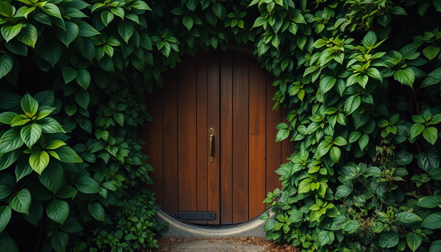 Round wooden door in lush greenery, leading to a hidden entrance.