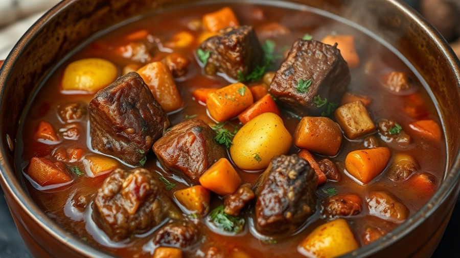 Rich brown stew oxtail simmering in pot with vegetables.